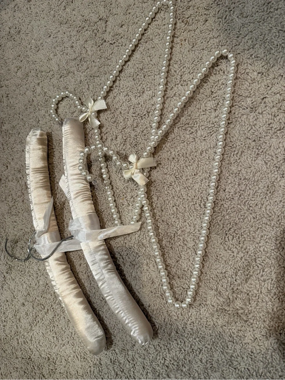 Vintage Pearl Beaded & Ivory Satin Padded Hangers Bridal Closet Set